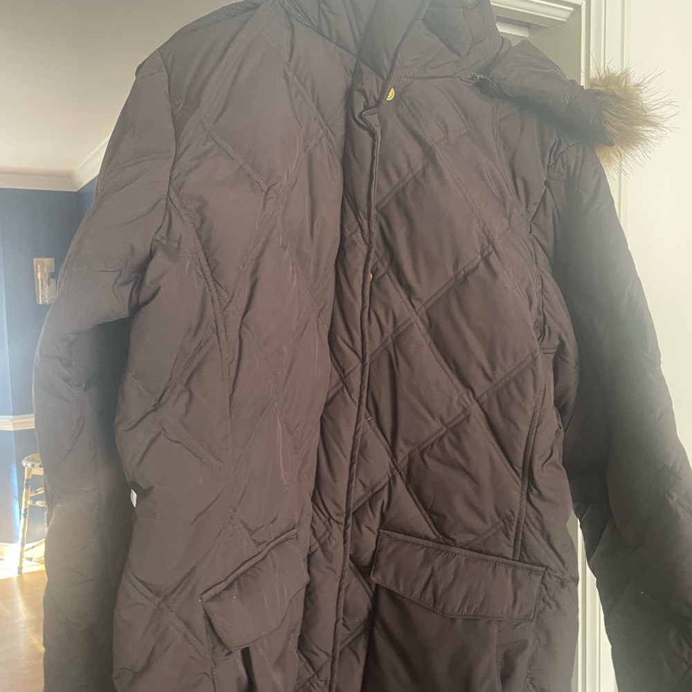Lands' End Women's Quilted Dark Brown Puffer Coat XL goosedown 70% EUC!! Hood